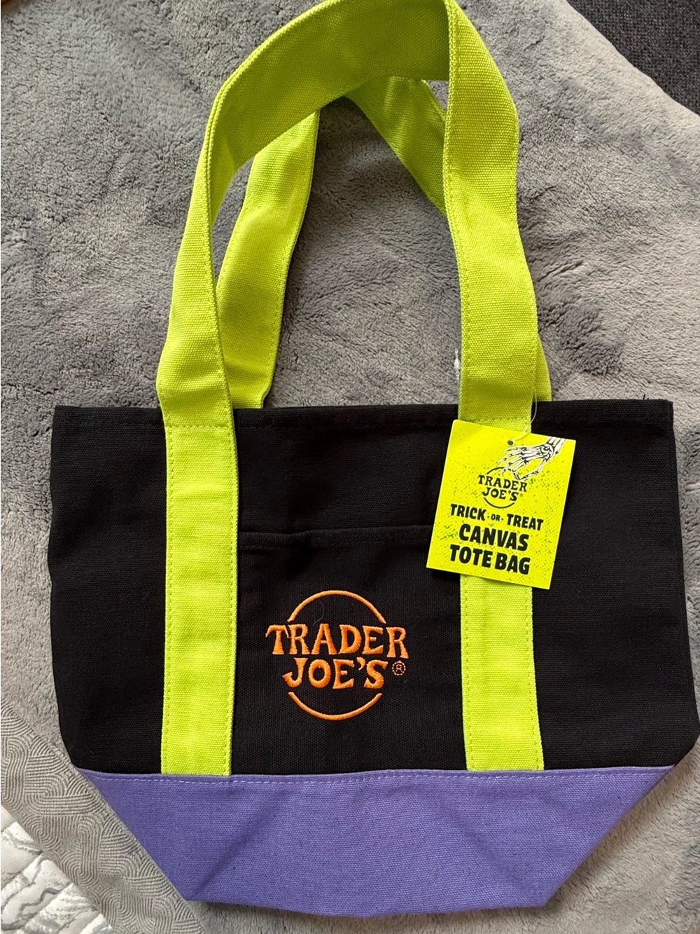 Trader Joe's Black Canvas Tote with Lime Handles and Lavender Base